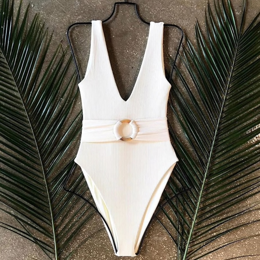 V-Neck Ribbed Belted One Piece Swimsuit - Picture 4 of 8